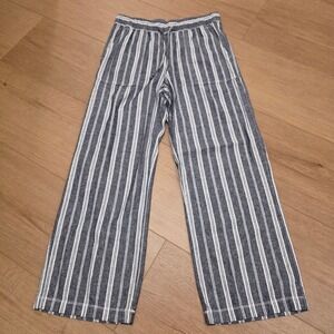 GAP Linen Pull On Pants Womens Size S Navy White Stripe Wide Leg Cropped